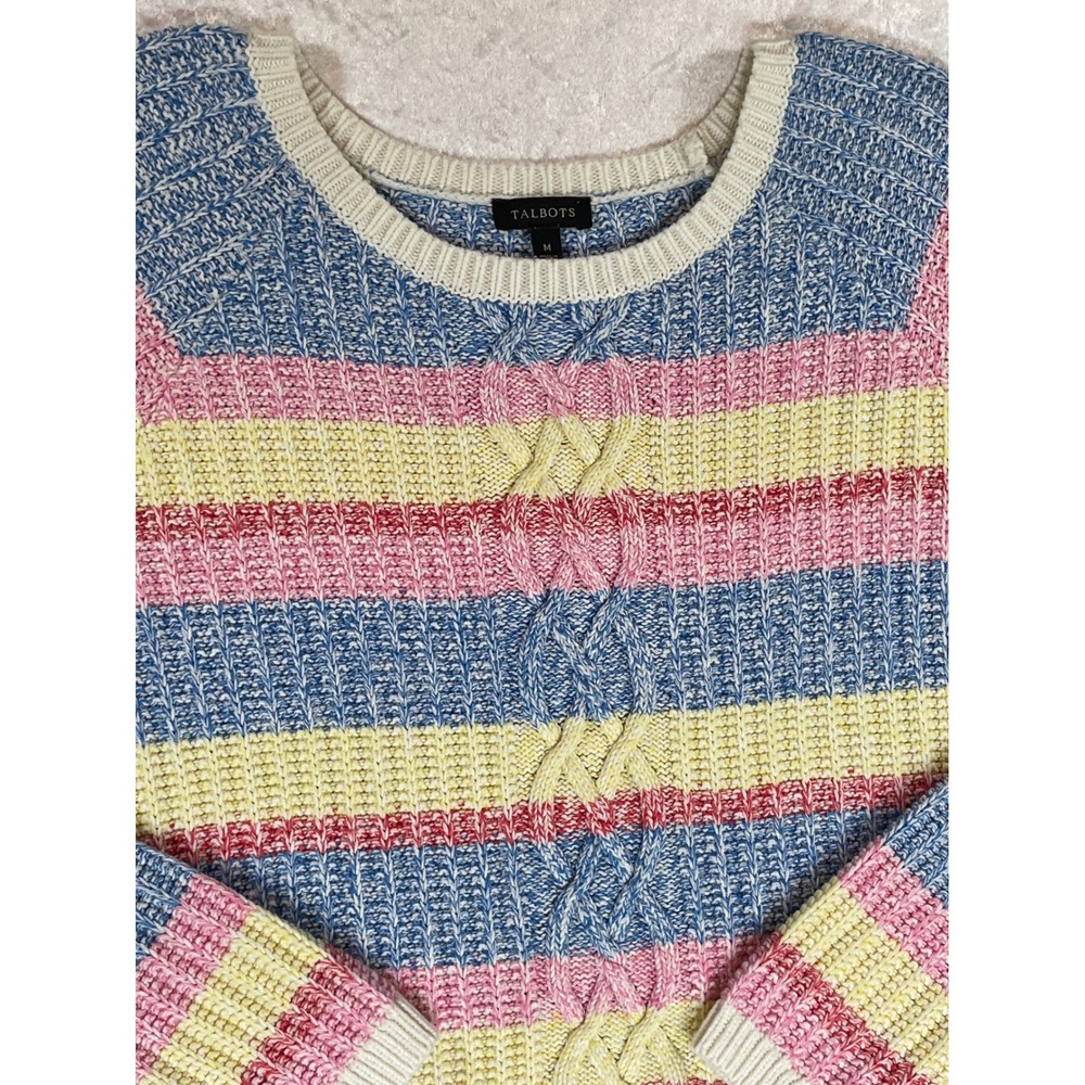 Talbots Sweater Women Medium Multi-Color Striped Excellent Cable Knit Cotton